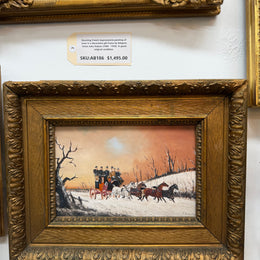 Pair Miniature Gilt Framed Coach Scenes Horses & Coach