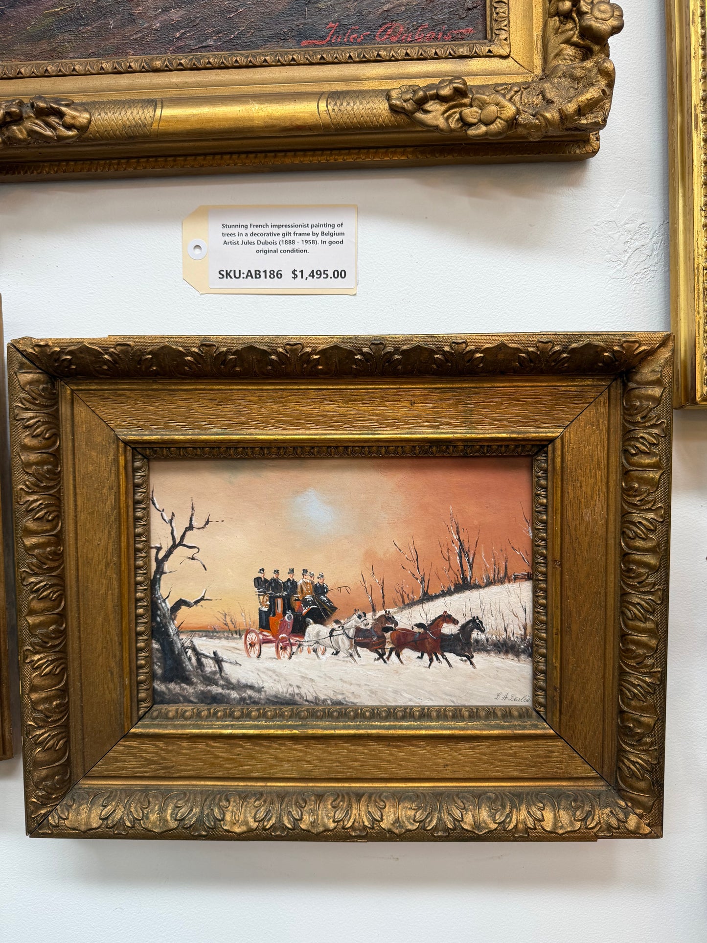 Pair Miniature Gilt Framed Coach Scenes Horses & Coach