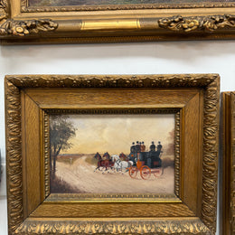 Pair Miniature Gilt Framed Coach Scenes Horses & Coach