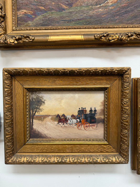 Pair Miniature Gilt Framed Coach Scenes Horses & Coach