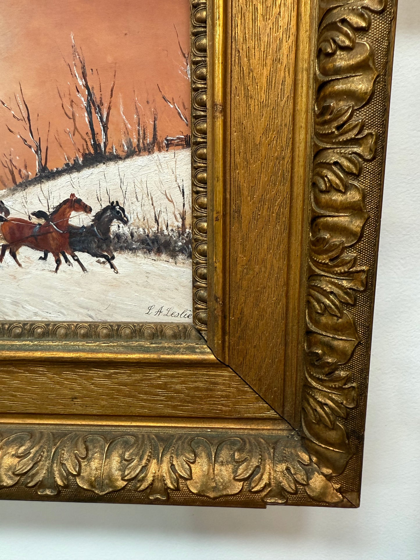 Pair Miniature Gilt Framed Coach Scenes Horses & Coach