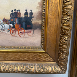 Pair Miniature Gilt Framed Coach Scenes Horses & Coach