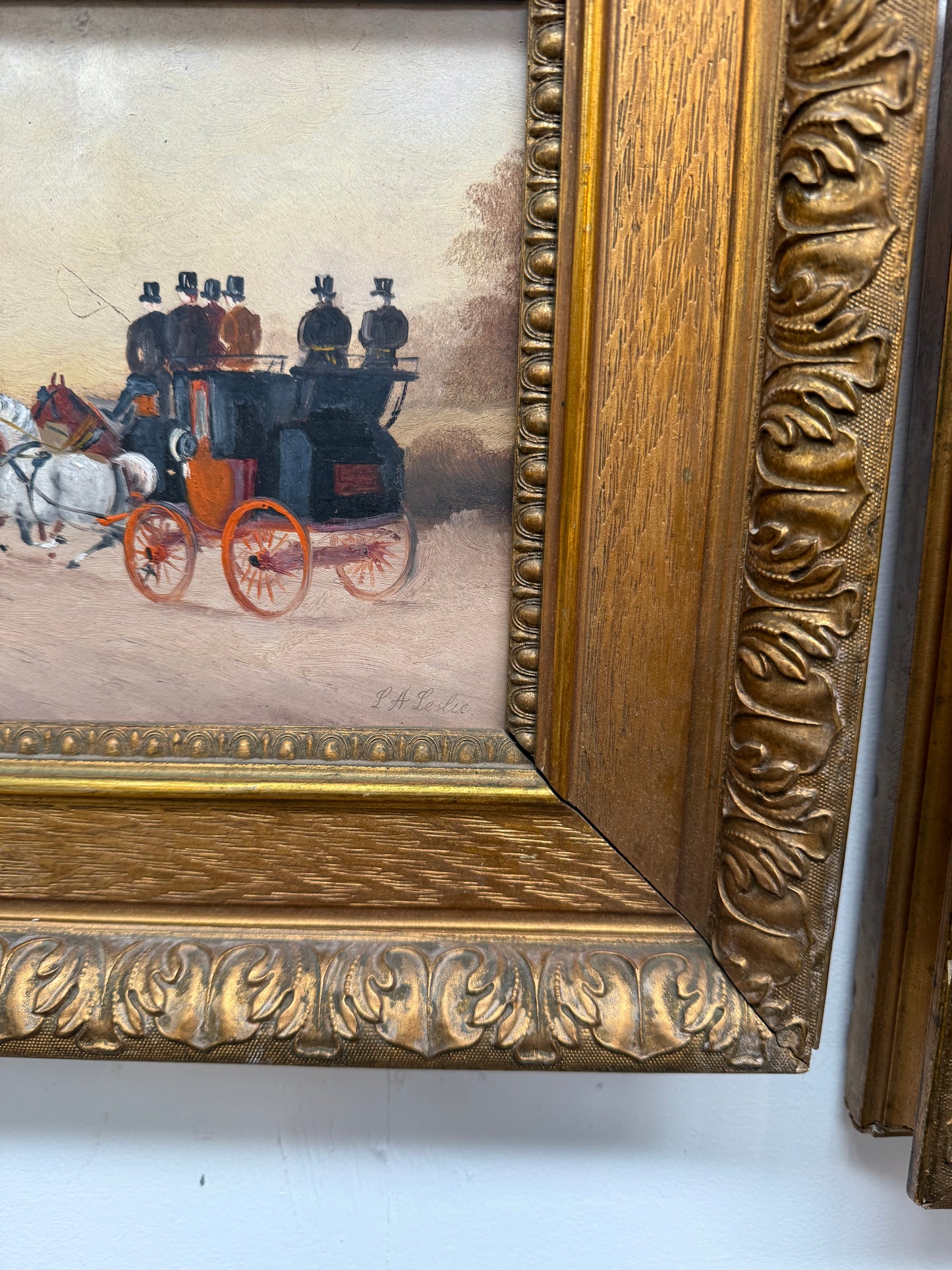 Pair Miniature Gilt Framed Coach Scenes Horses & Coach