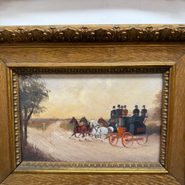 Pair Miniature Gilt Framed Coach Scenes Horses & Coach