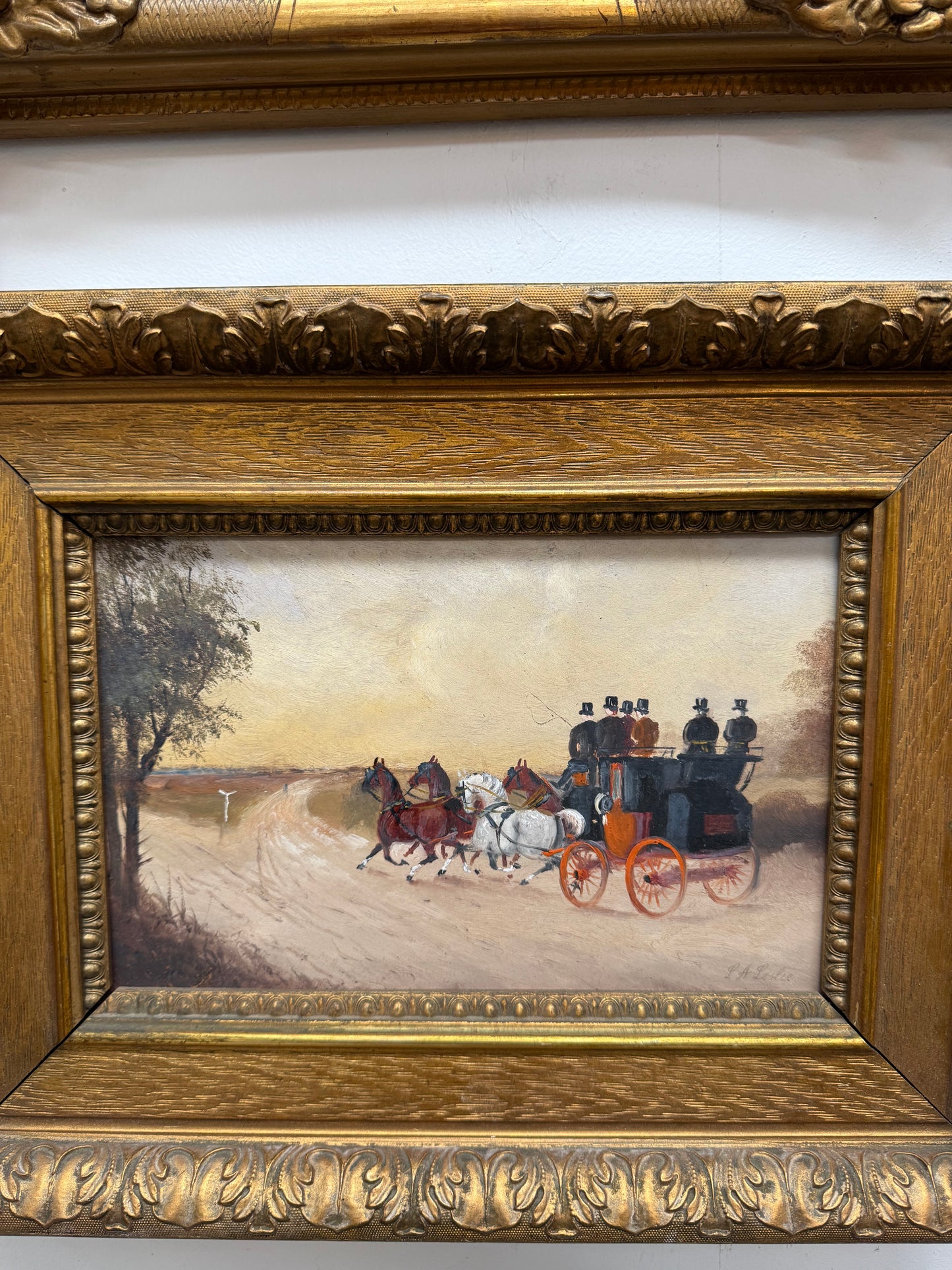 Pair Miniature Gilt Framed Coach Scenes Horses & Coach