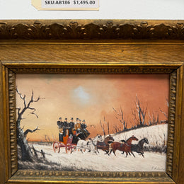 Pair Miniature Gilt Framed Coach Scenes Horses & Coach