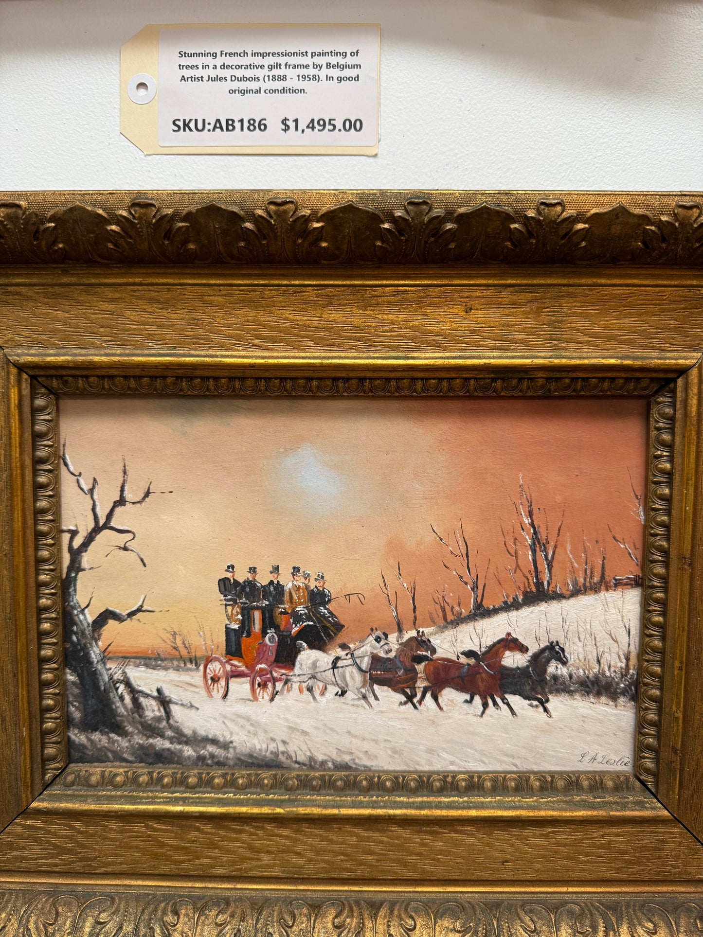 Pair Miniature Gilt Framed Coach Scenes Horses & Coach