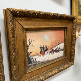 Pair Miniature Gilt Framed Coach Scenes Horses & Coach