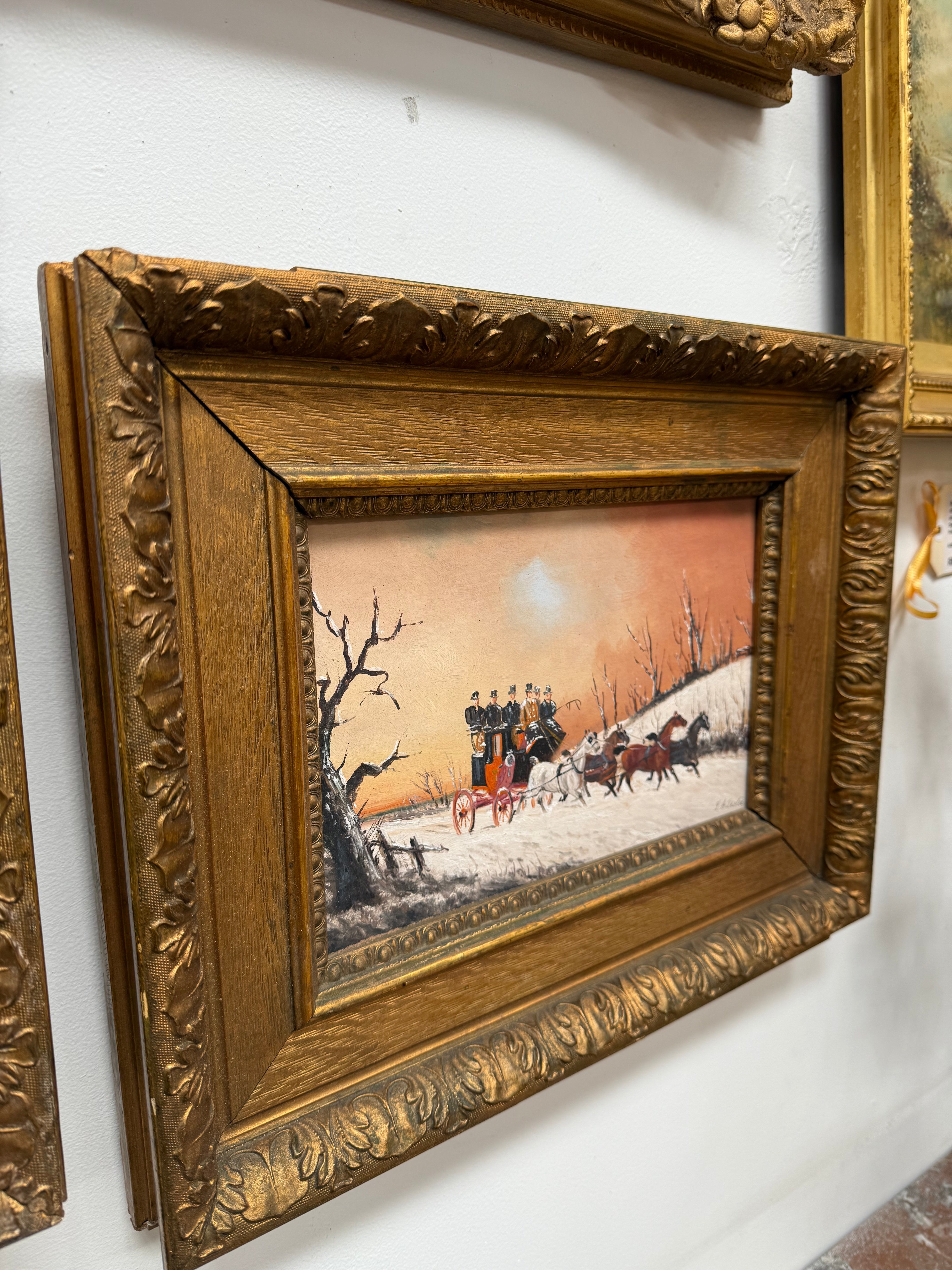 Pair Miniature Gilt Framed Coach Scenes Horses & Coach | Antique & Vintage | Moonee Ponds Antiques | Australia Wide