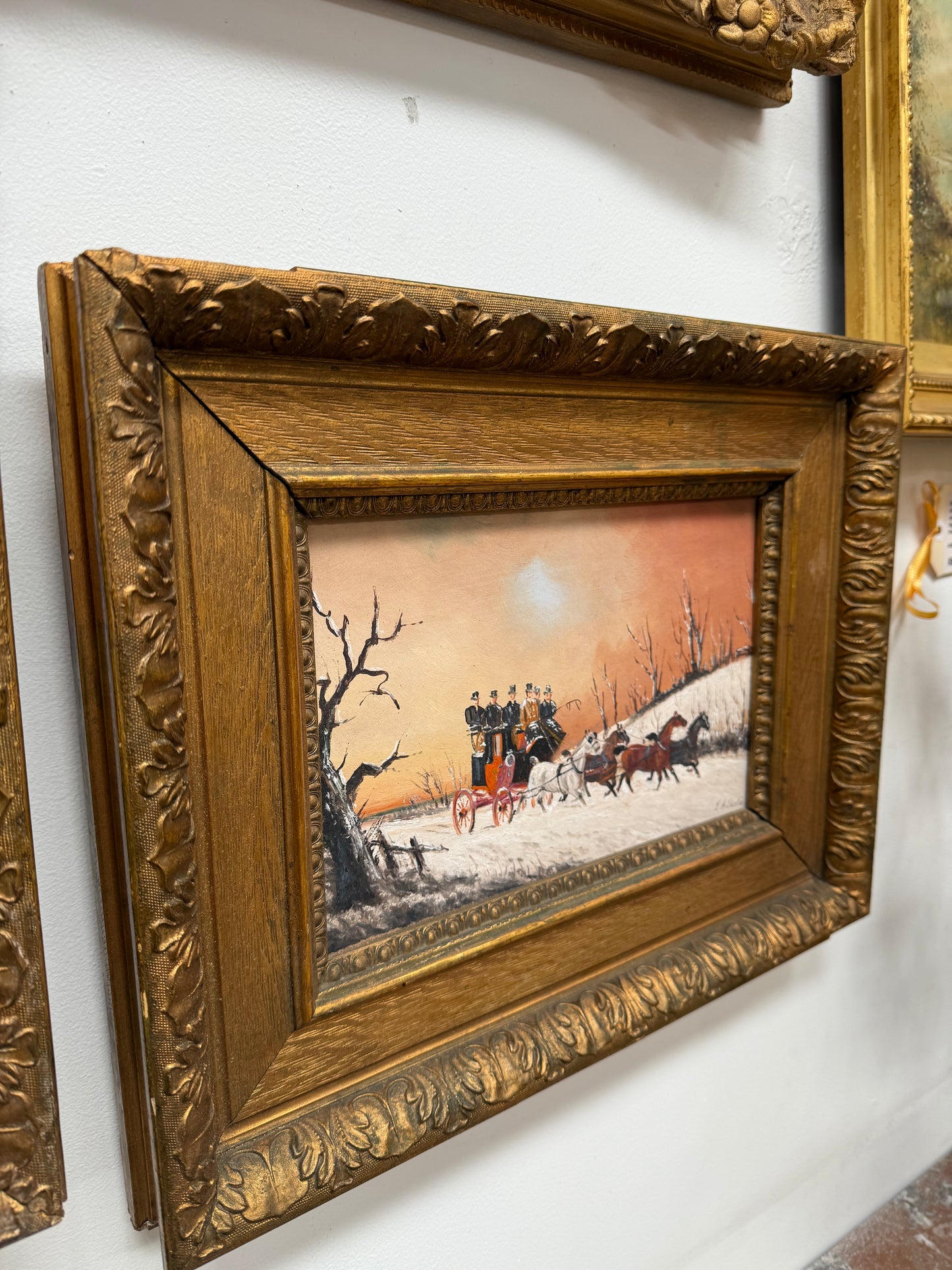 Pair Miniature Gilt Framed Coach Scenes Horses & Coach