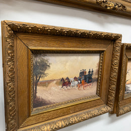 Pair Miniature Gilt Framed Coach Scenes Horses & Coach