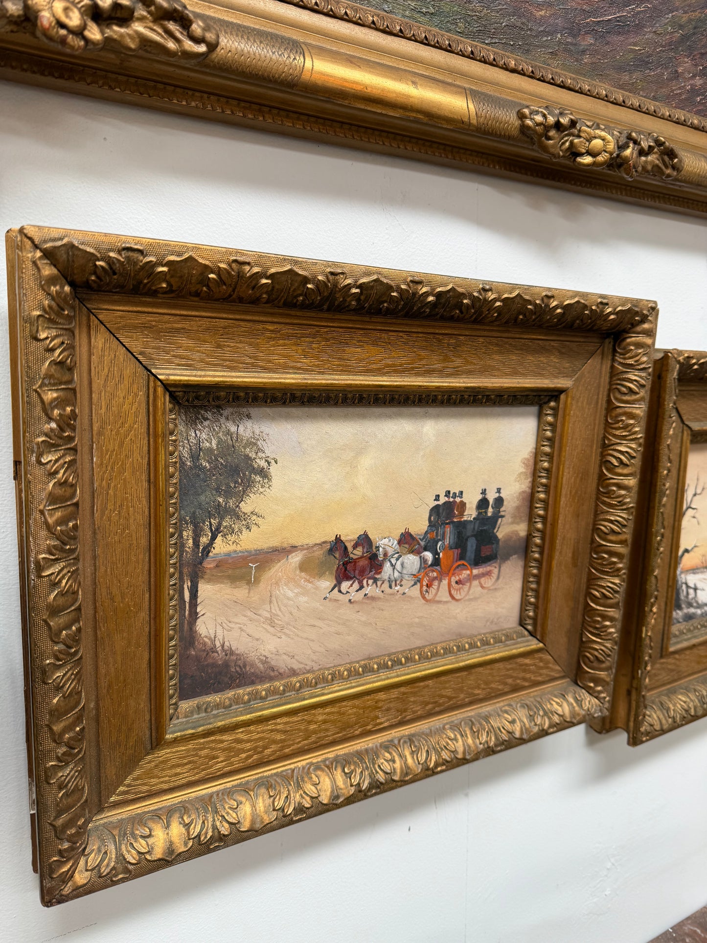 Pair Miniature Gilt Framed Coach Scenes Horses & Coach