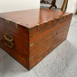 Vintage Anglo-Indian Travel/Dowry Chest Inlaid Brass & Superb Carving To Interior