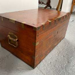 Vintage Anglo-Indian Travel/Dowry Chest Inlaid Brass & Superb Carving To Interior