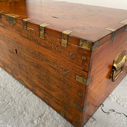 Vintage Anglo-Indian Travel/Dowry Chest Inlaid Brass & Superb Carving To Interior