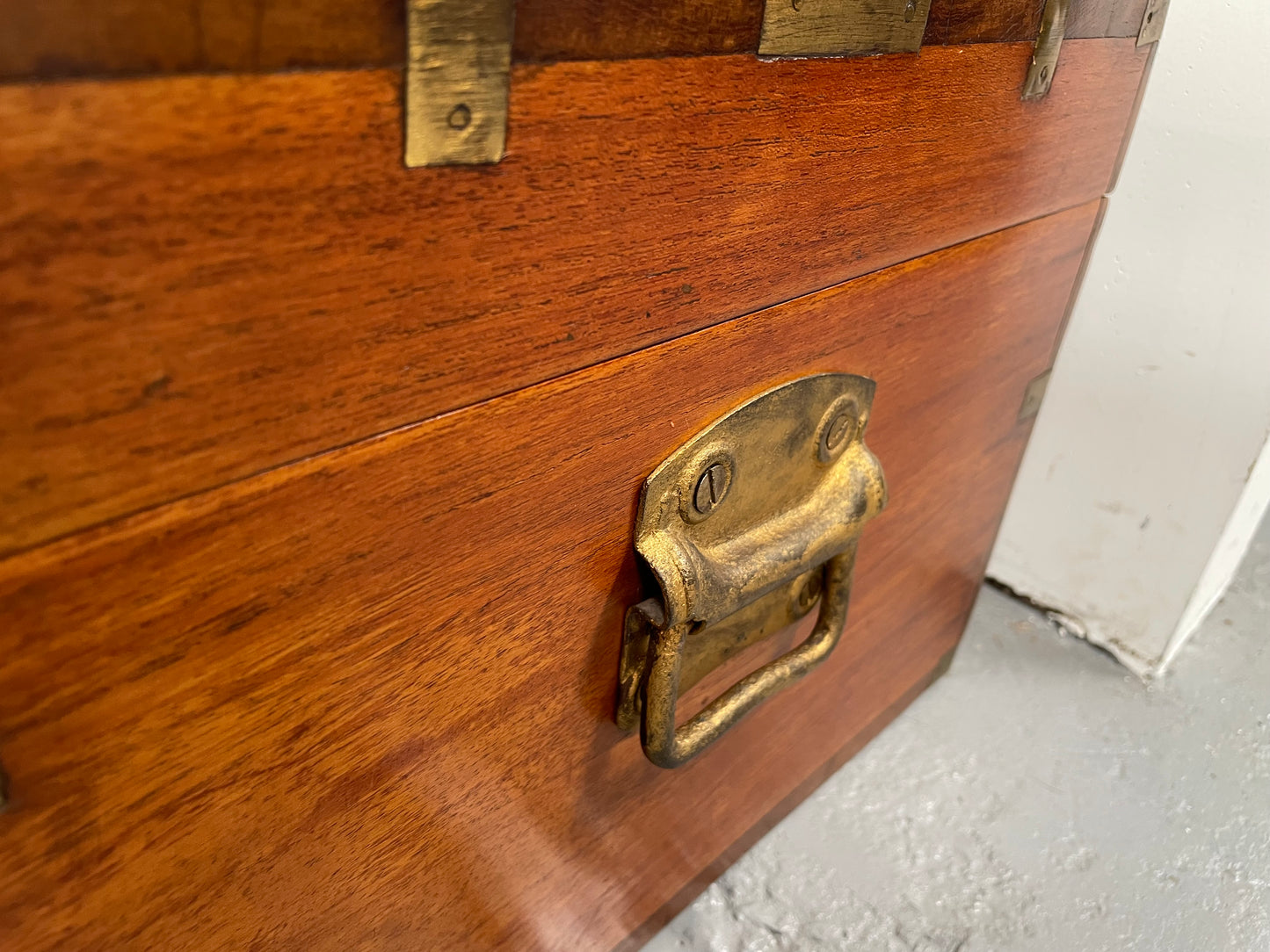 Vintage Anglo-Indian Travel/Dowry Chest Inlaid Brass & Superb Carving To Interior