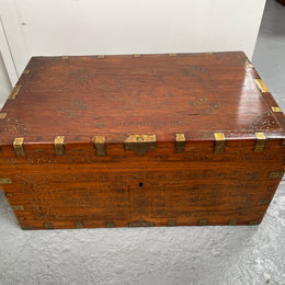 Vintage Anglo-Indian Travel/Dowry Chest Inlaid Brass & Superb Carving To Interior