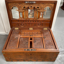 Vintage Anglo-Indian Travel/Dowry Chest Inlaid Brass & Superb Carving To Interior