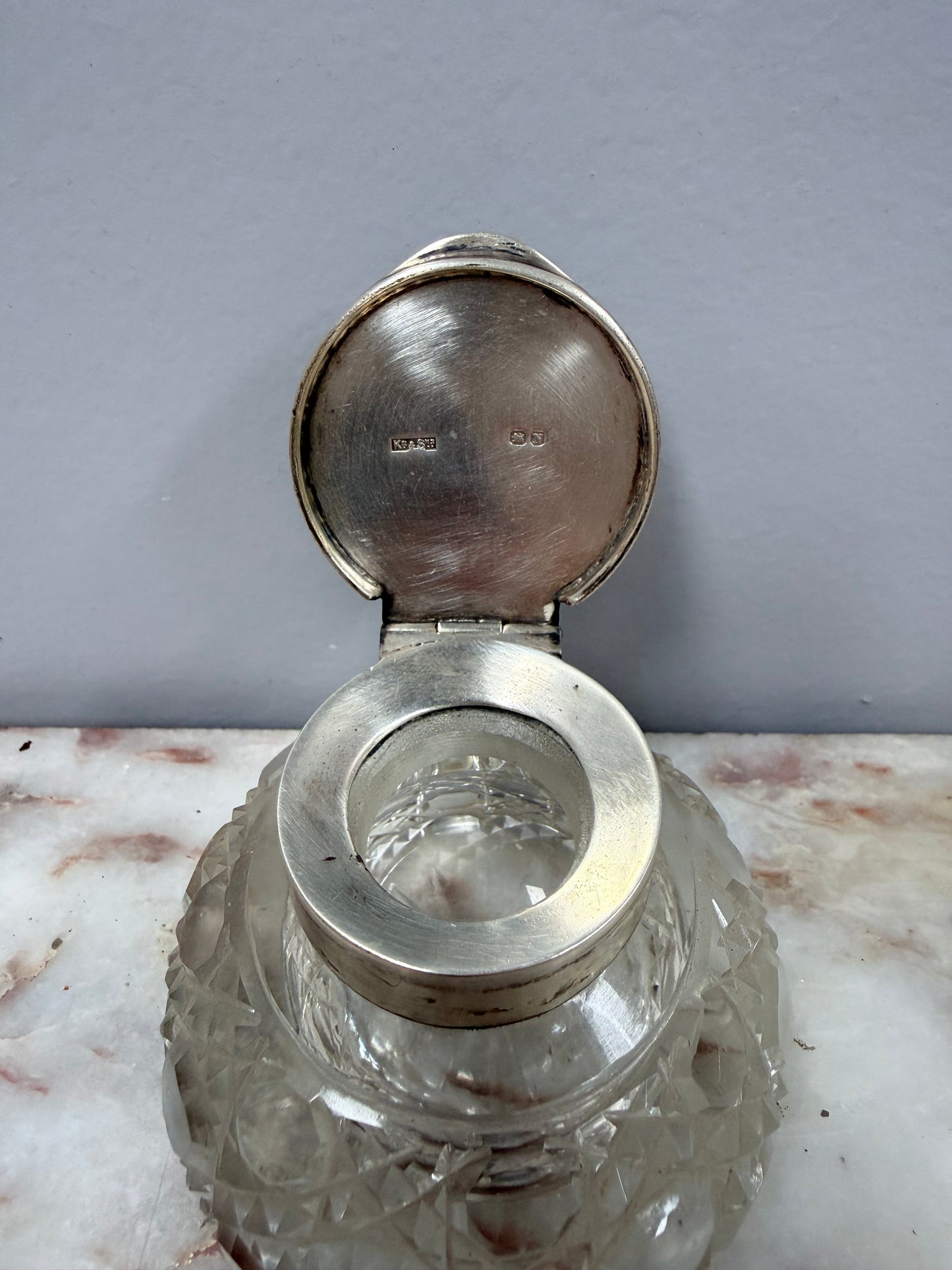 Rare Victorian Chester Cut Glass & Sterling Silver Top Ink Well