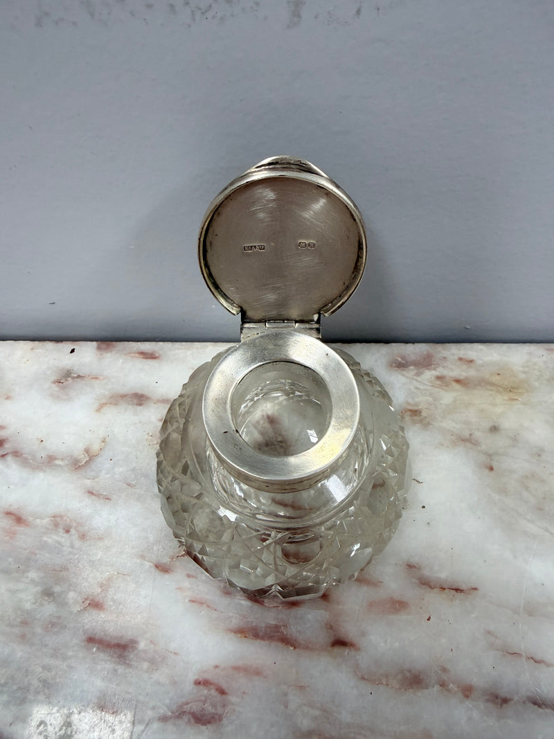 Rare Victorian Chester Cut Glass & Sterling Silver Top Ink Well