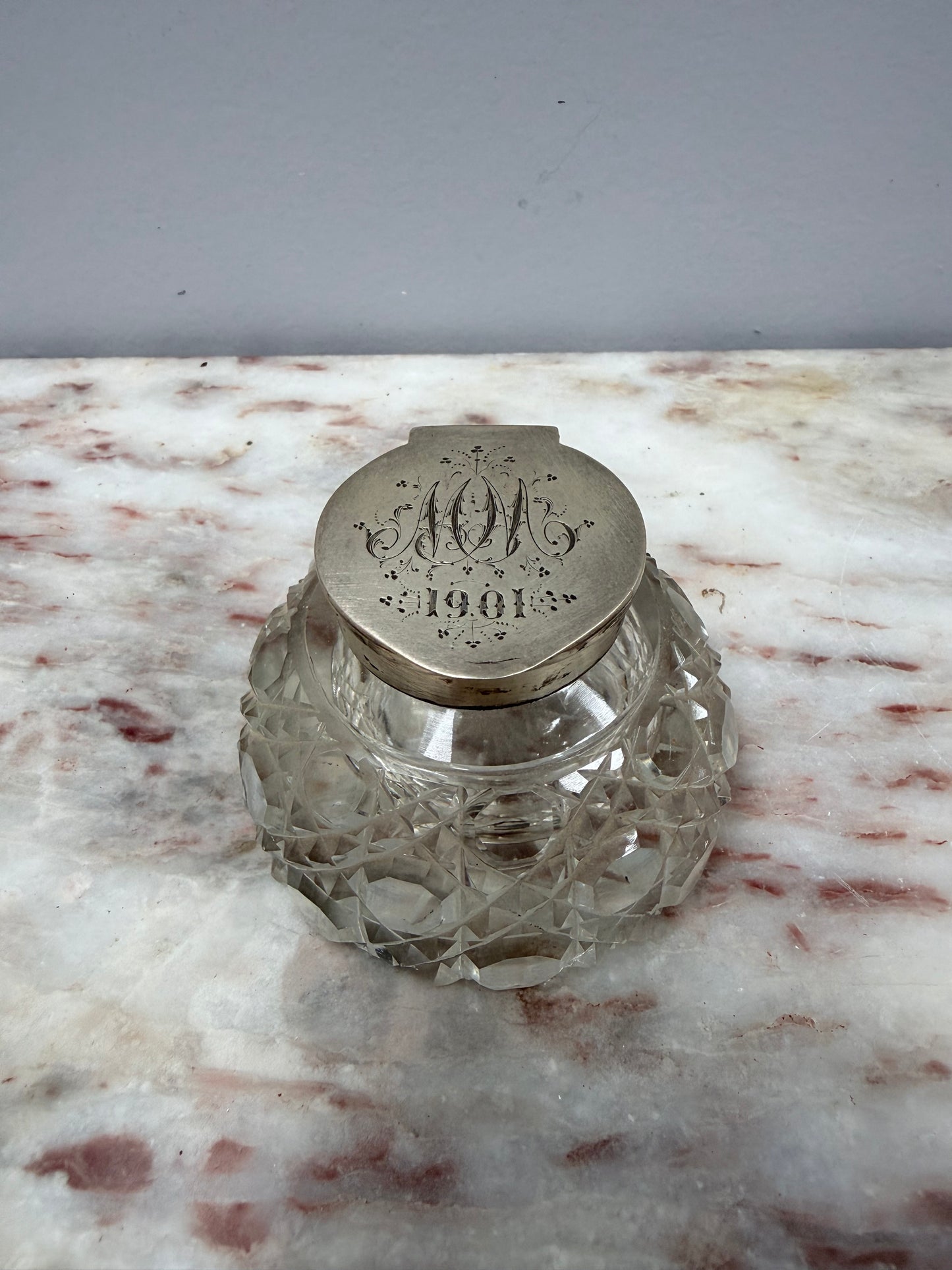 Rare Victorian Chester Cut Glass & Sterling Silver Top Ink Well