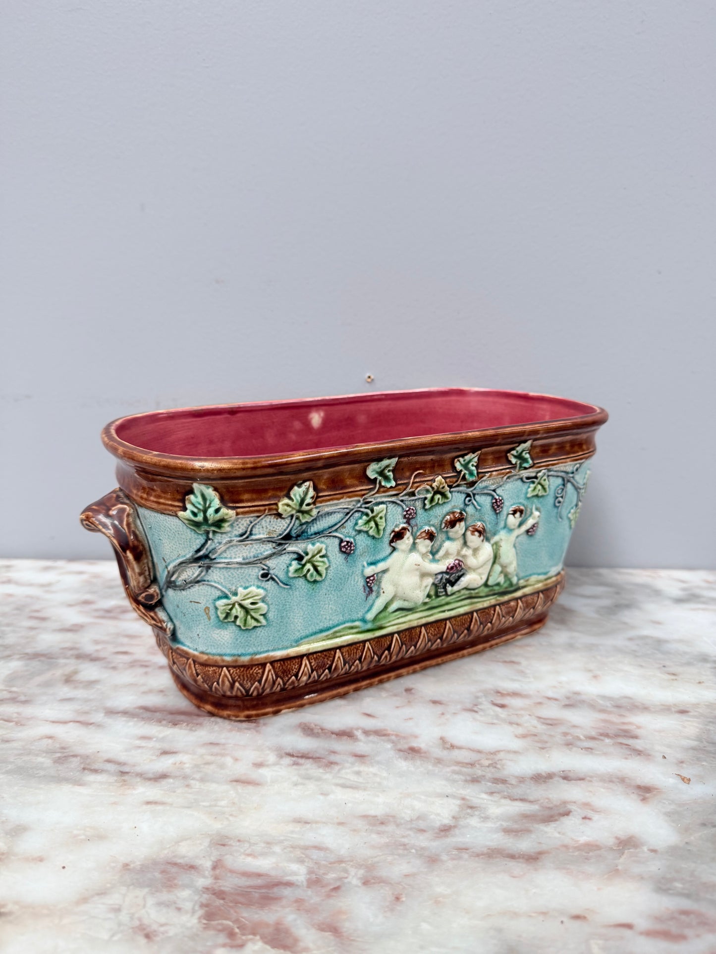 Antique French Majolica Oval Cachepot (Planter)
