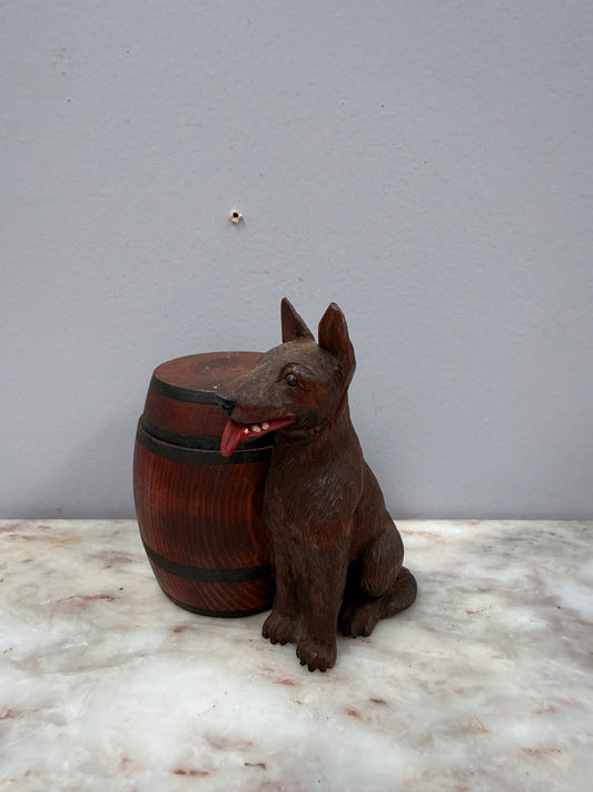 Vintage Black Forest German Dog Carving With Wood Barrel Tinket Box