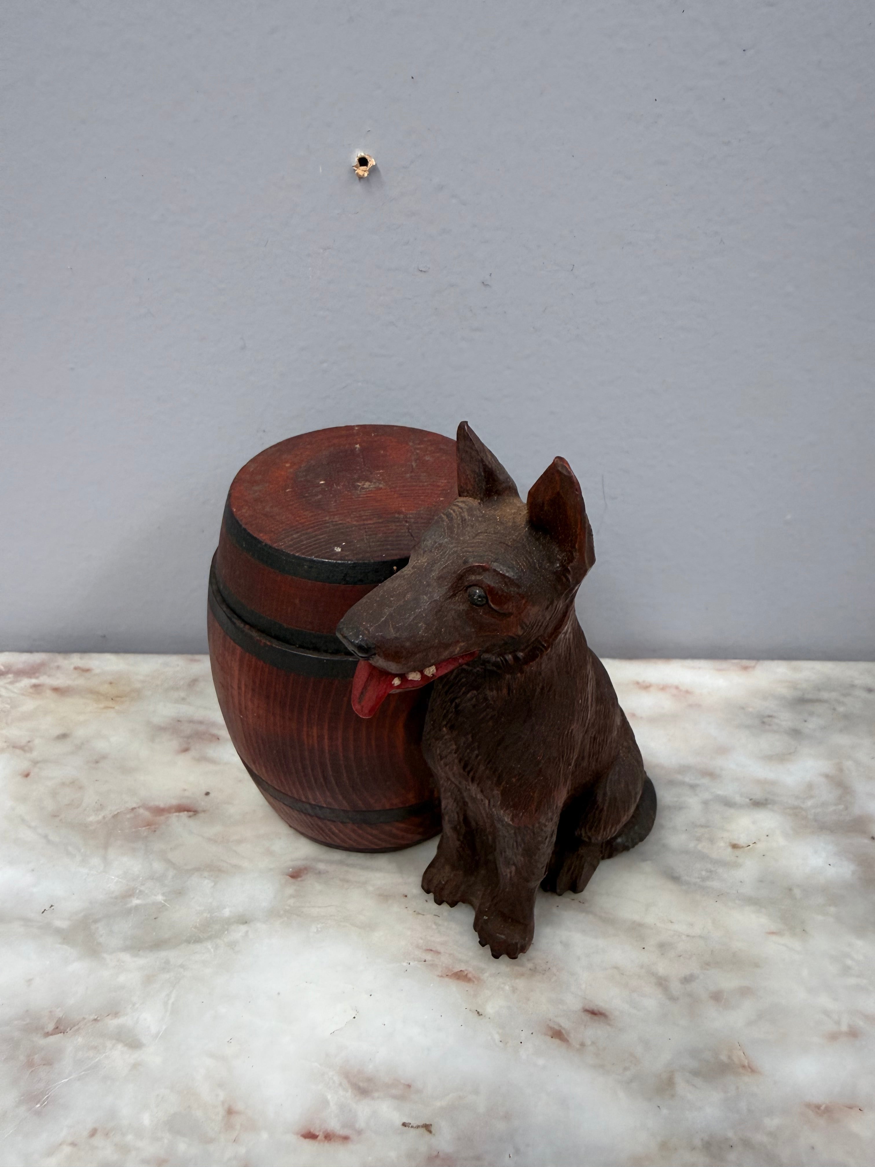 Vintage Black Forest German Dog Carving With Wood Barrel Tinket Box | Antique & Vintage | Moonee Ponds Antiques | Australia Wide Delivery