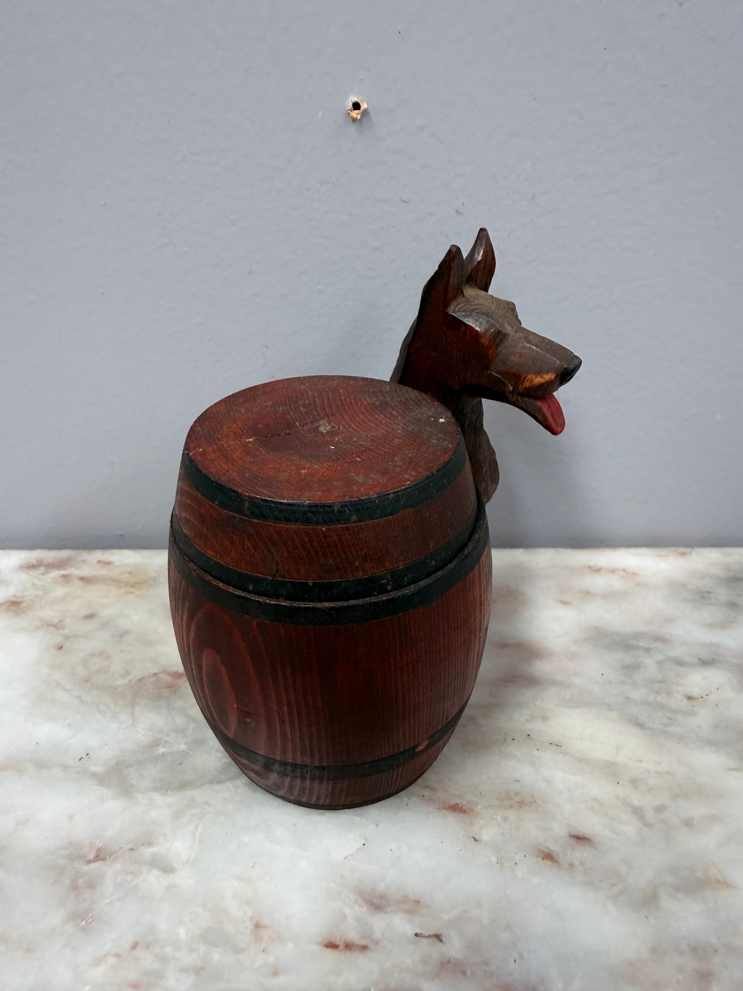Vintage Black Forest German Dog Carving With Wood Barrel Tinket Box
