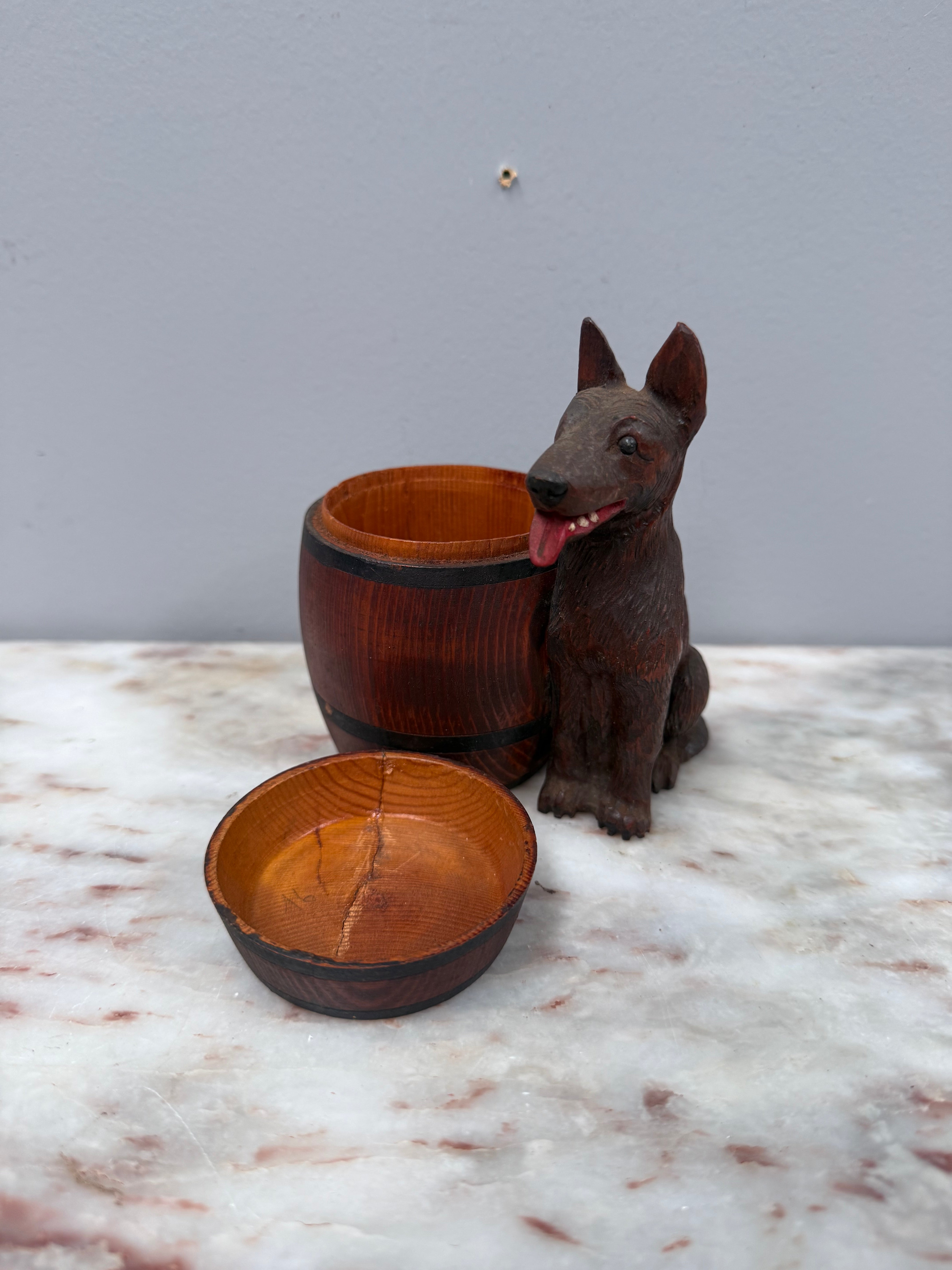 Vintage Black Forest German Dog Carving With Wood Barrel Tinket Box | Antique & Vintage | Moonee Ponds Antiques | Australia Wide Delivery