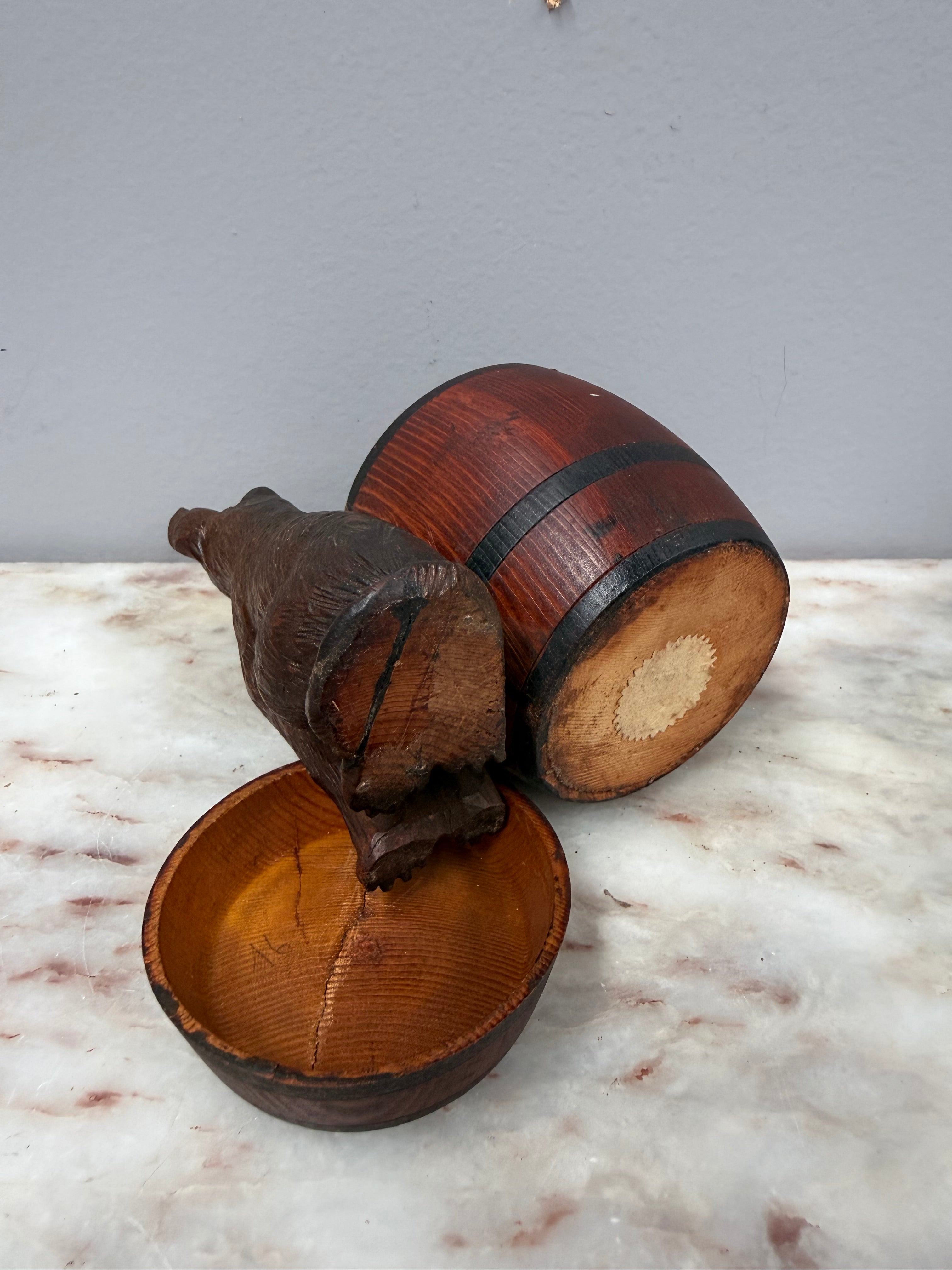 Vintage Black Forest German Dog Carving With Wood Barrel Tinket Box | Antique & Vintage | Moonee Ponds Antiques | Australia Wide Delivery