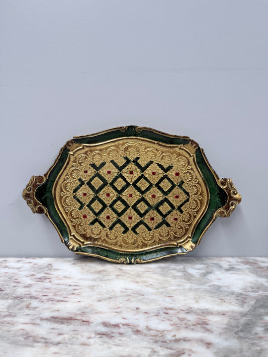 Vintage Florentine Tray  Green & Gold Decoration