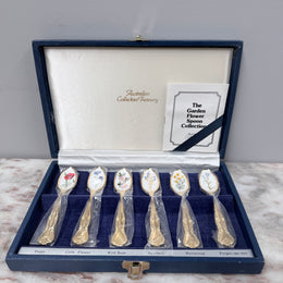 Vintage Set 6 Garden Flower Enamel & Gilt Metal Spoon Set