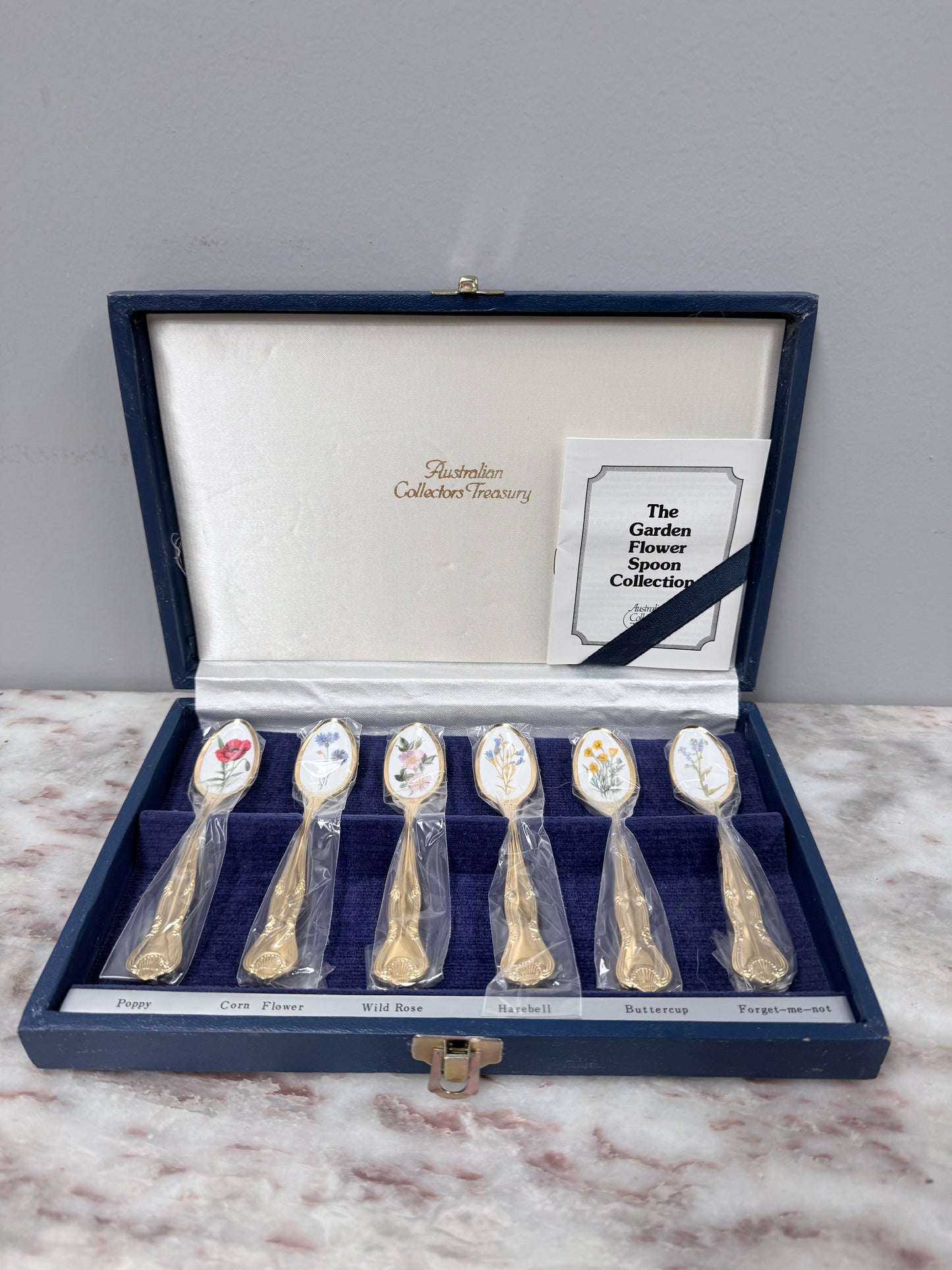 Vintage Set 6 Garden Flower Enamel & Gilt Metal Spoon Set