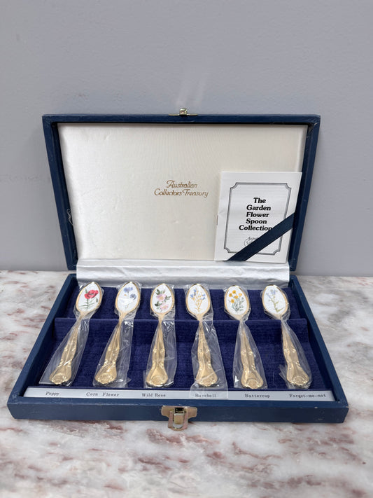 Vintage Set 6 Garden Flower Enamel & Gilt Metal Spoon Set