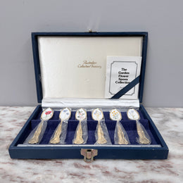 Vintage Set 6 Garden Flower Enamel & Gilt Metal Spoon Set