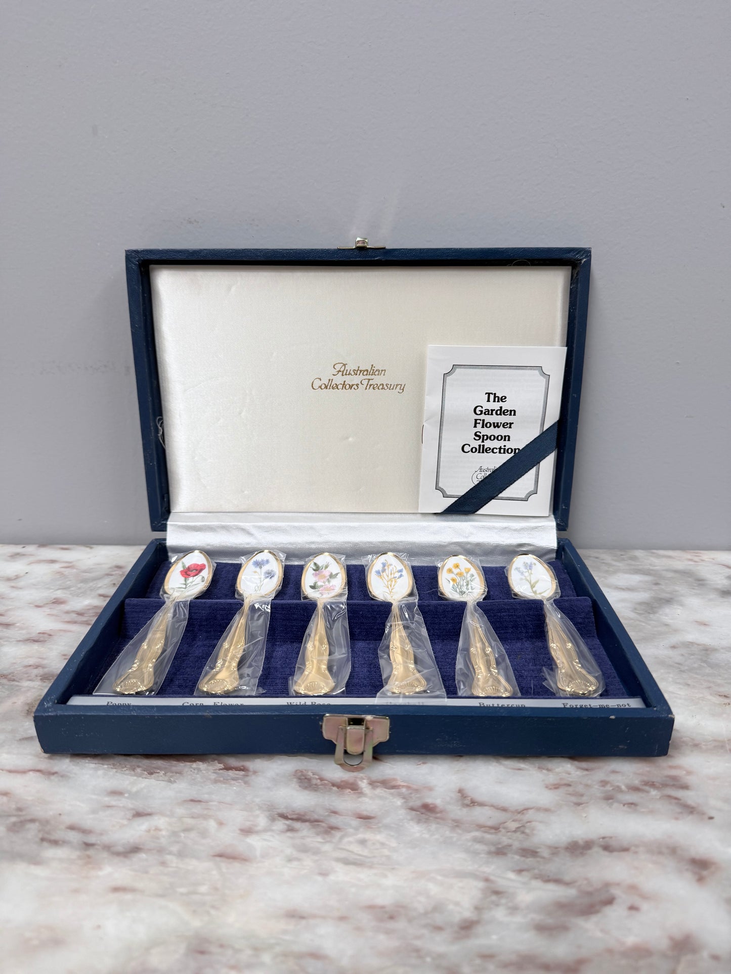 Vintage Set 6 Garden Flower Enamel & Gilt Metal Spoon Set