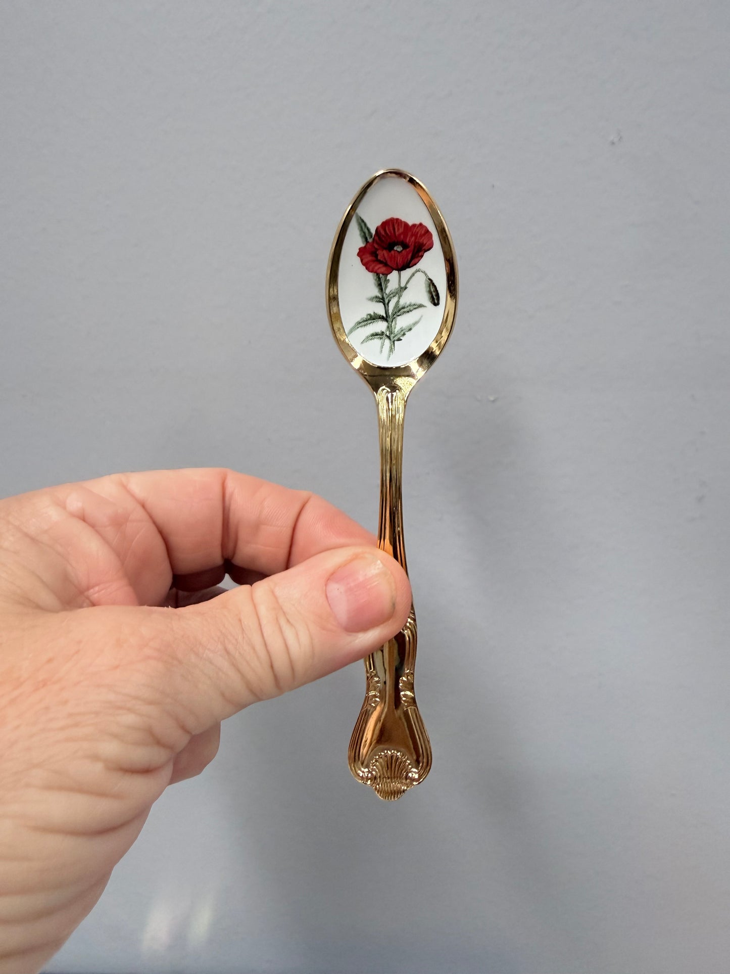 Vintage Set 6 Garden Flower Enamel & Gilt Metal Spoon Set