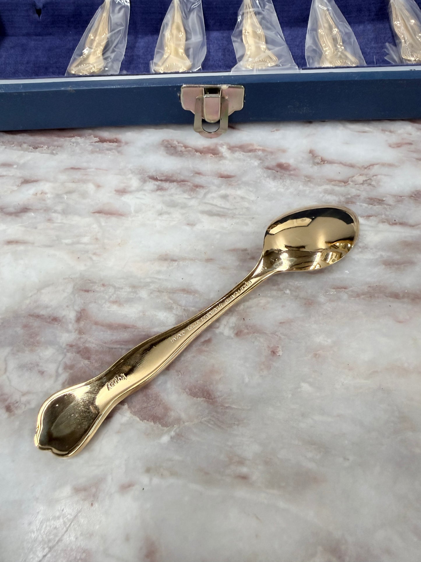 Vintage Set 6 Garden Flower Enamel & Gilt Metal Spoon Set