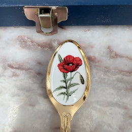 Vintage Set 6 Garden Flower Enamel & Gilt Metal Spoon Set