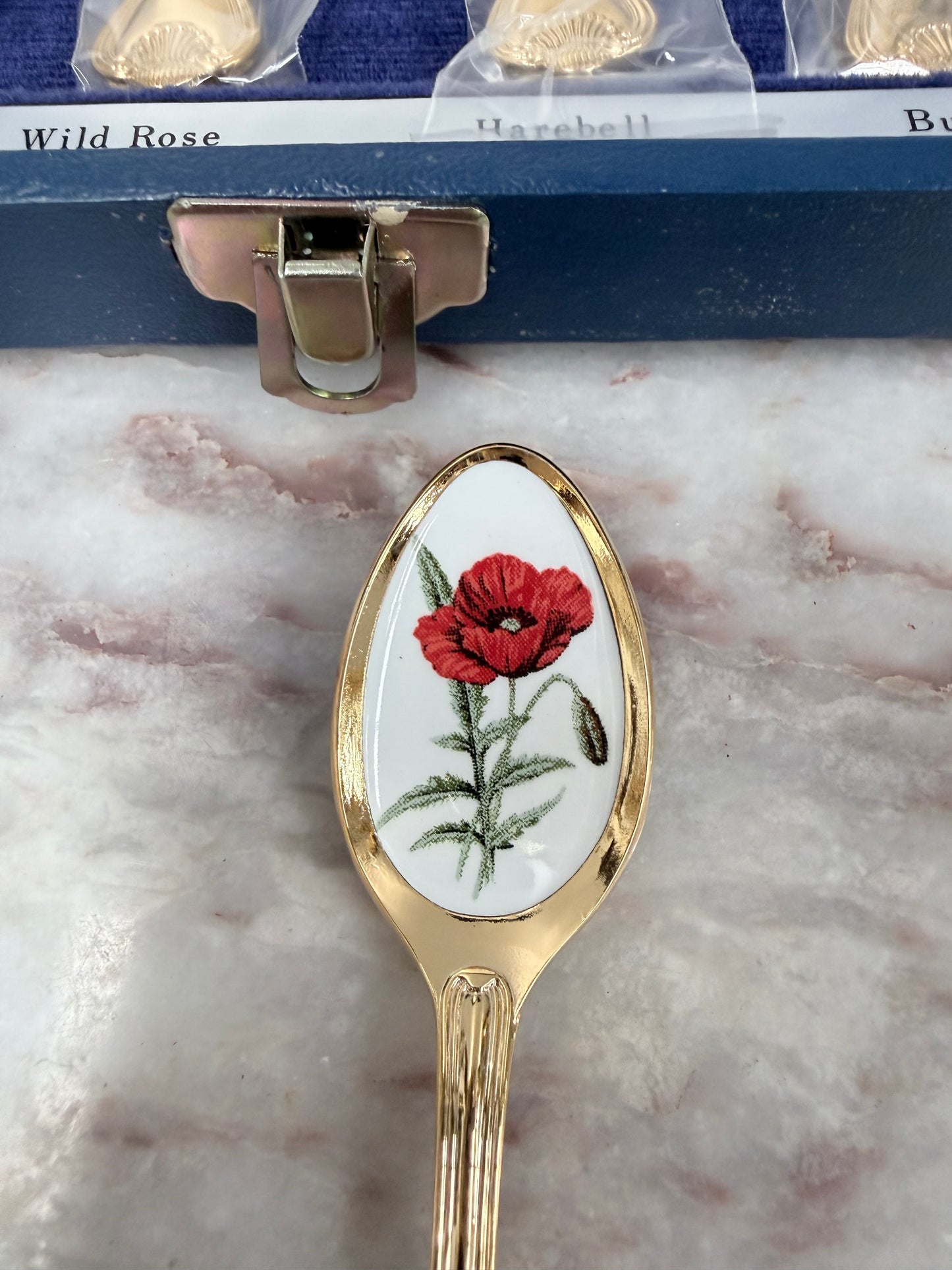 Vintage Set 6 Garden Flower Enamel & Gilt Metal Spoon Set