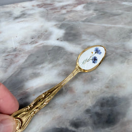 Vintage Set 6 Garden Flower Enamel & Gilt Metal Spoon Set