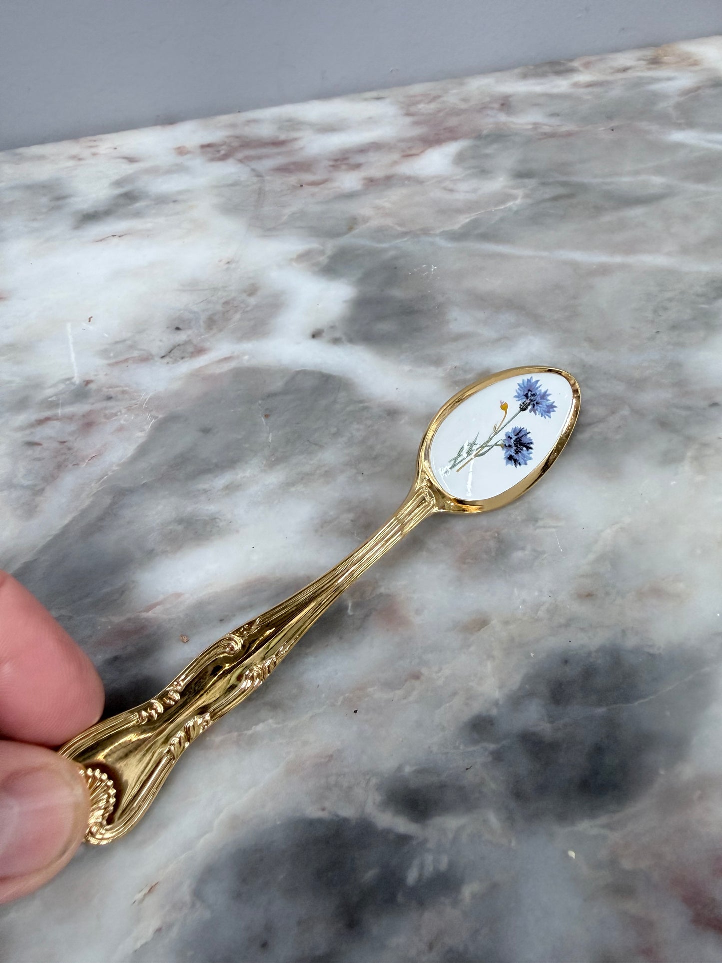 Vintage Set 6 Garden Flower Enamel & Gilt Metal Spoon Set