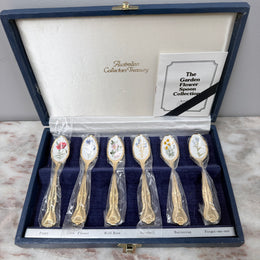 Vintage Set 6 Garden Flower Enamel & Gilt Metal Spoon Set