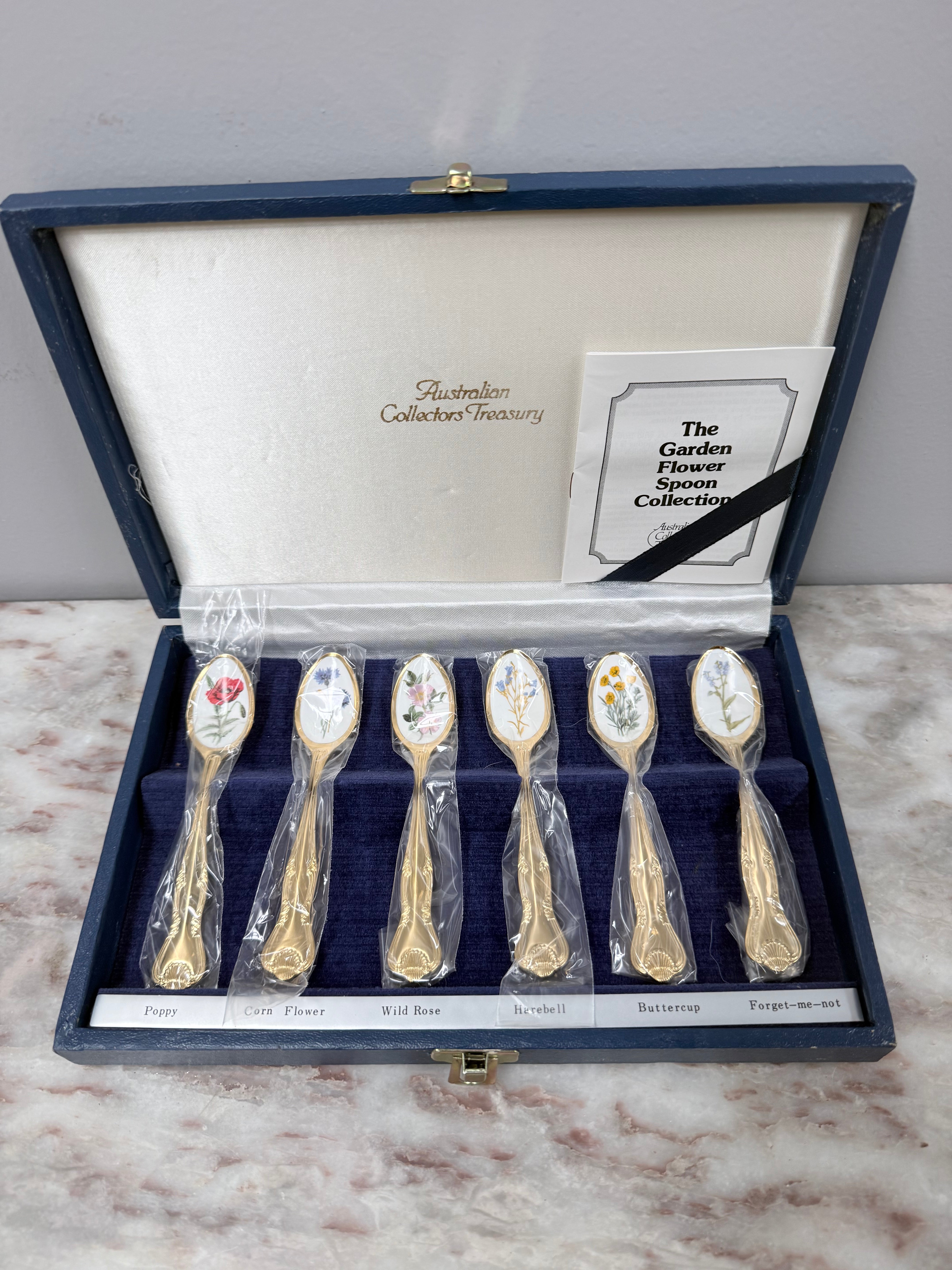 Vintage Set 6 Garden Flower Enamel & Gilt Metal Spoon Set | Antique & Vintage | Moonee Ponds Antiques | Australia Wide Delivery