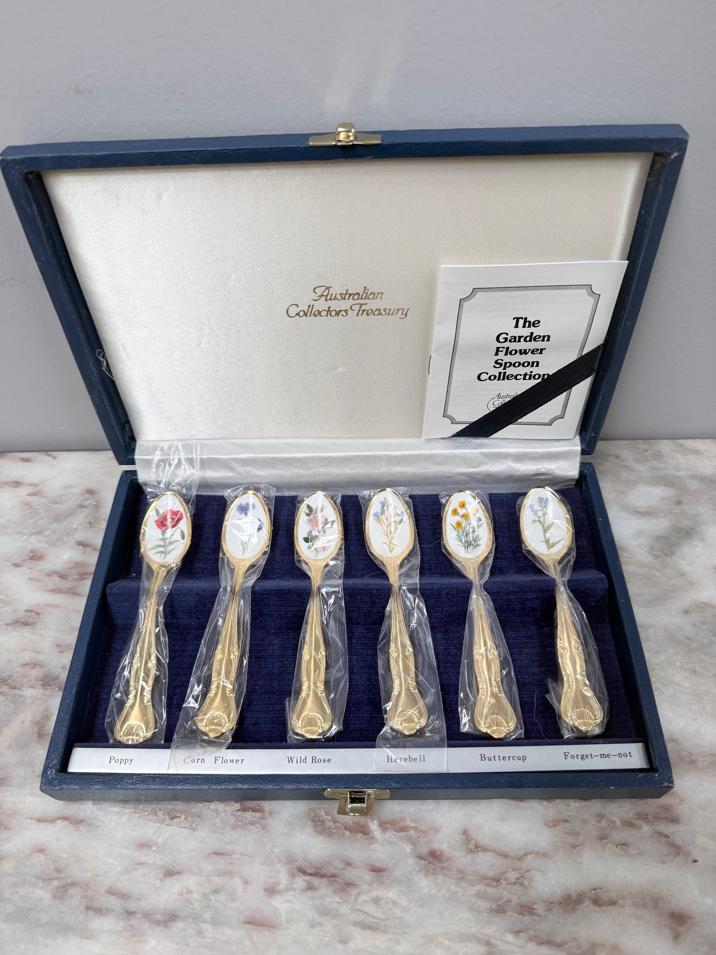 Vintage Set 6 Garden Flower Enamel & Gilt Metal Spoon Set