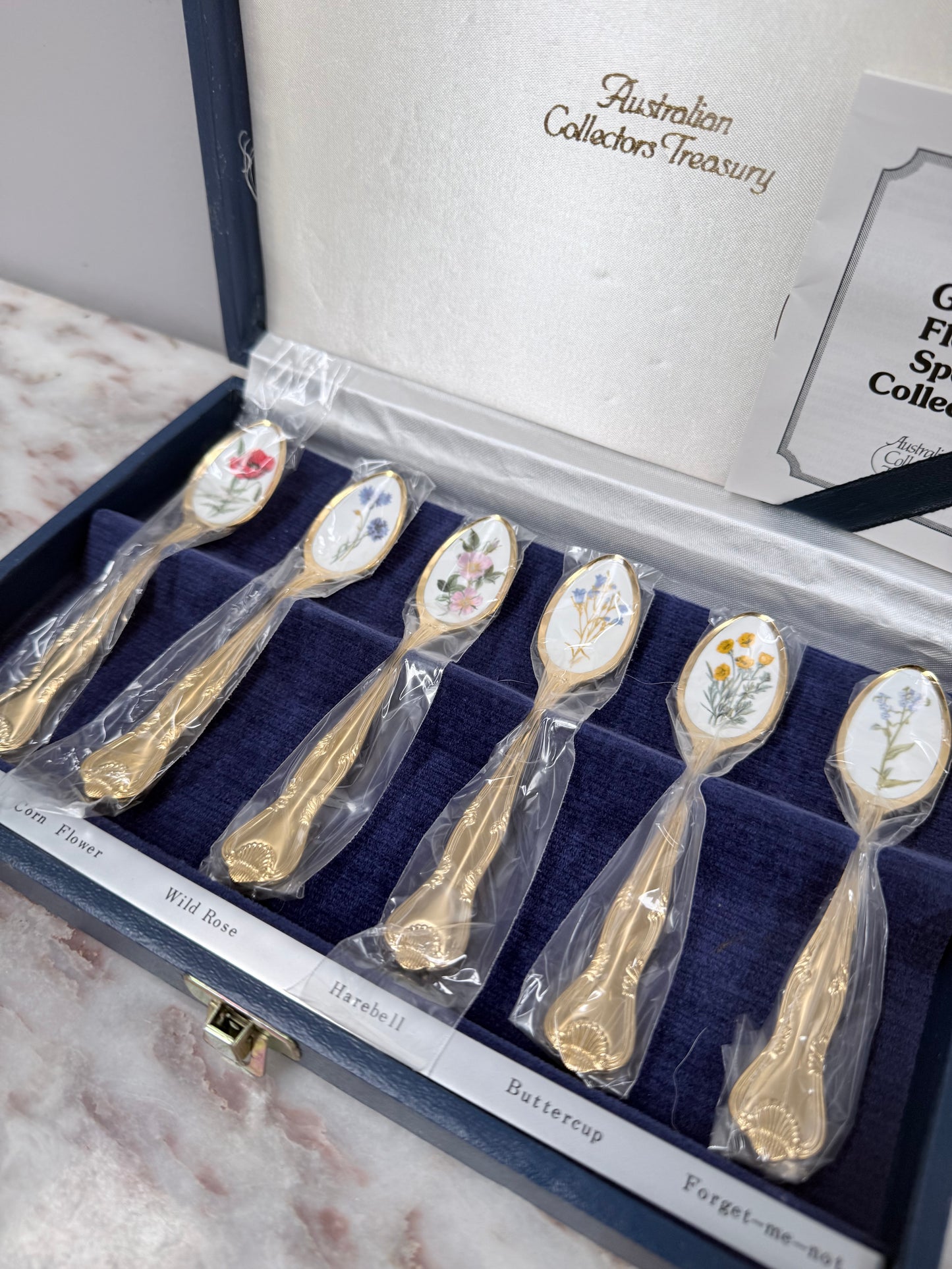Vintage Set 6 Garden Flower Enamel & Gilt Metal Spoon Set