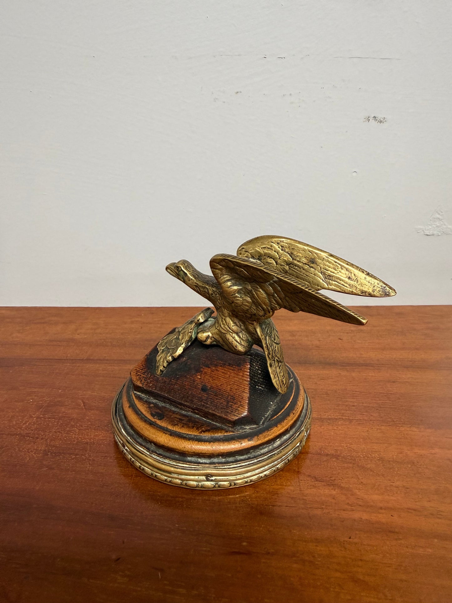 Antique Brass Eagle Paper Weight On Walnut Base