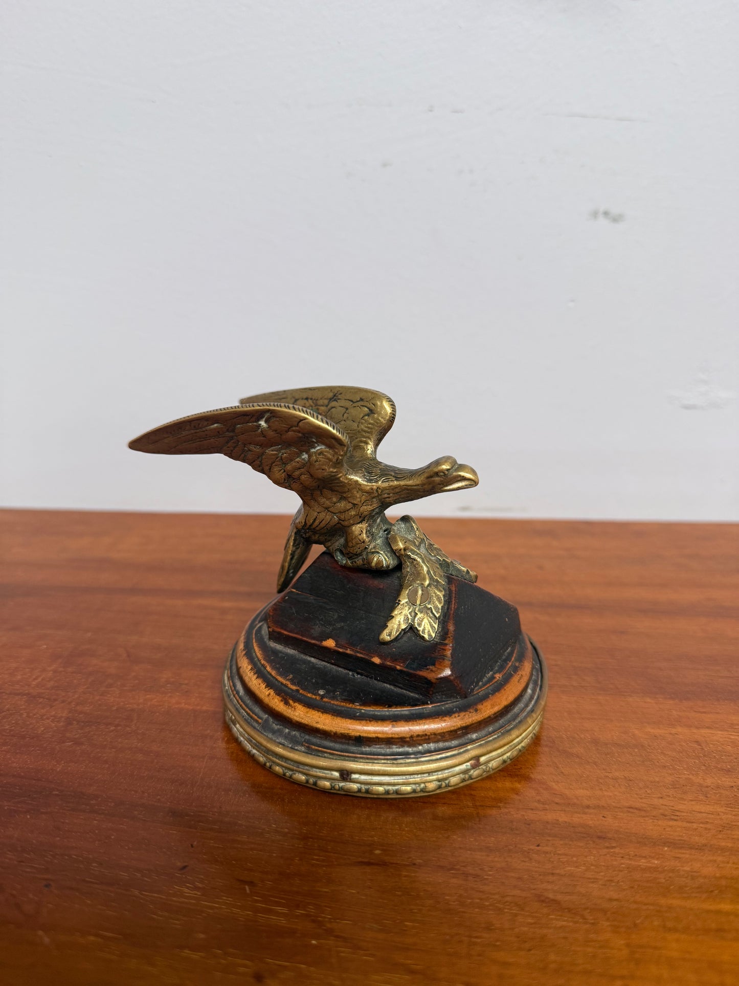 Antique Brass Eagle Paper Weight On Walnut Base