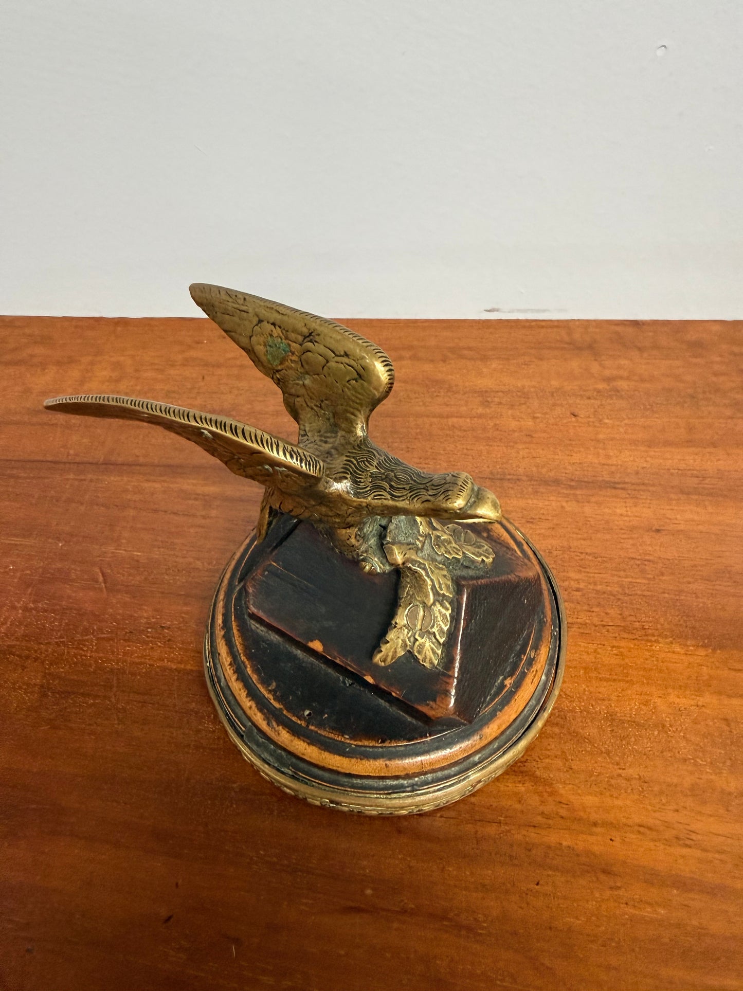 Antique Brass Eagle Paper Weight On Walnut Base